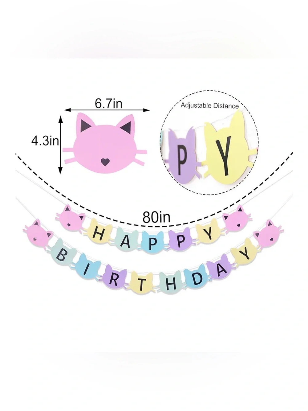 Pastel Cat 'Happy Birthday' Banner - Party Decoration and 4 cake topper.